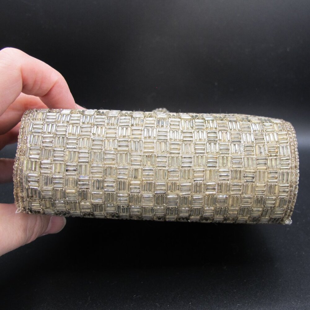 Rectangular Silver Beaded Clutch With Bead Tassel… - image 6